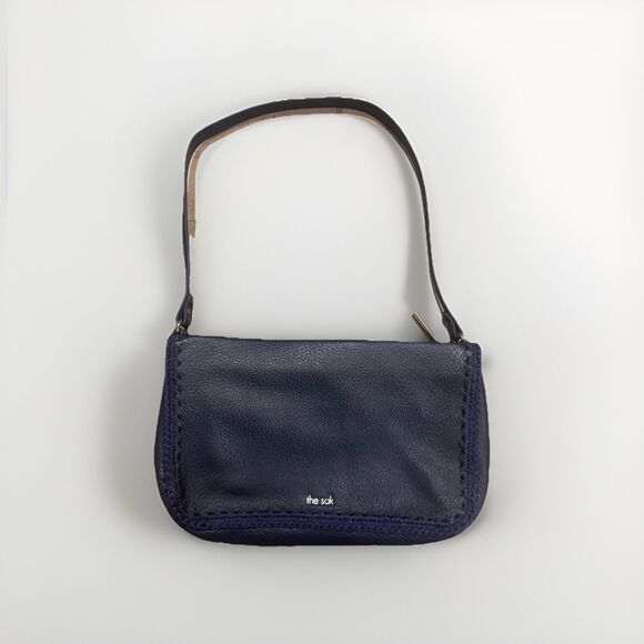 Minimalist THE SAK Flora Soft Leather Small Satchel Crocheted Trim Navy Blue - Picture 1 of 5